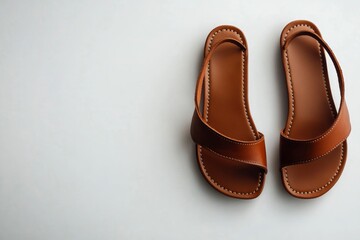 Modern leather sandals with straps, angled on white background, soft light