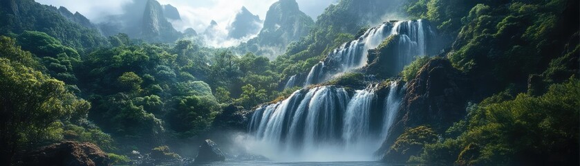 Fototapeta premium A waterfall cascading over volcanic rocks, creating mist below