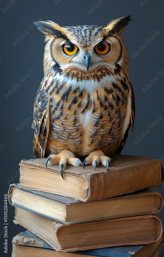Poster a large owl is perched on top of a stack of books. the owl's eyes are wide open, and it is staring a