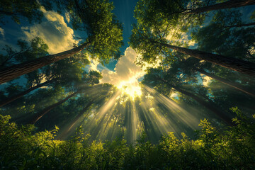 Sunlit Forest Clearing: A Low-Angle View of Dawn’s Rays