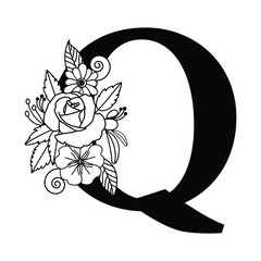 Botanical Q Letter Art, Floral Alphabet Monogram, Black and White Typography Logo Illustration