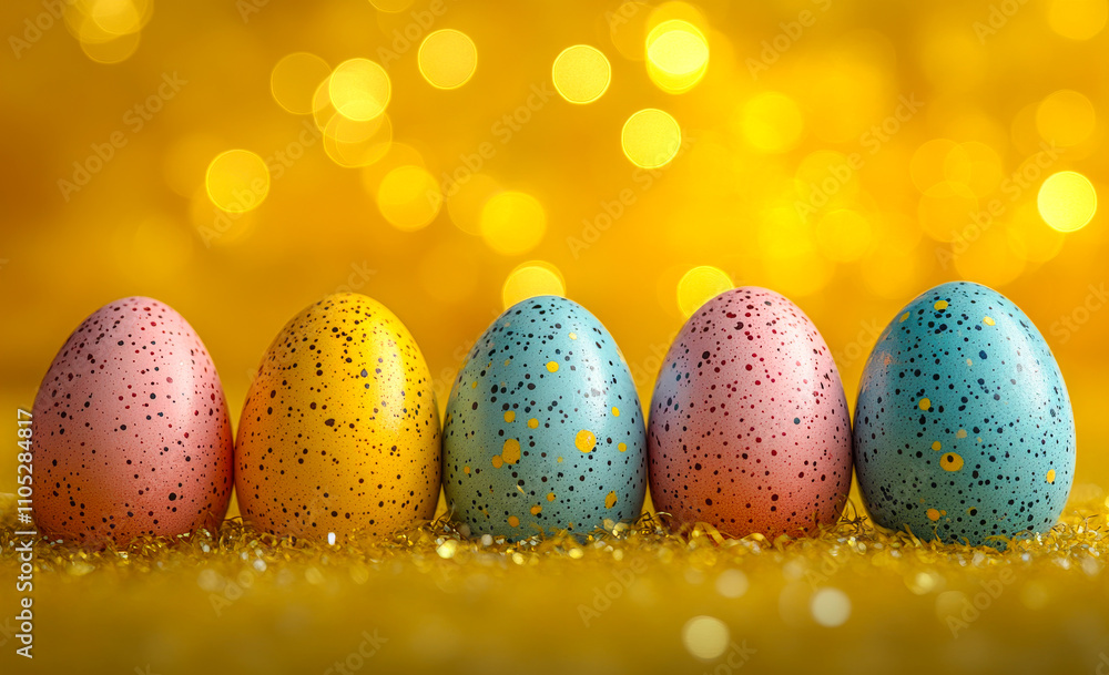 Poster A row of five eggs with different colors and patterns. The eggs are arranged in a line on a gold background. The eggs are decorated with spots and stripes, and they appear to be made of chocolate