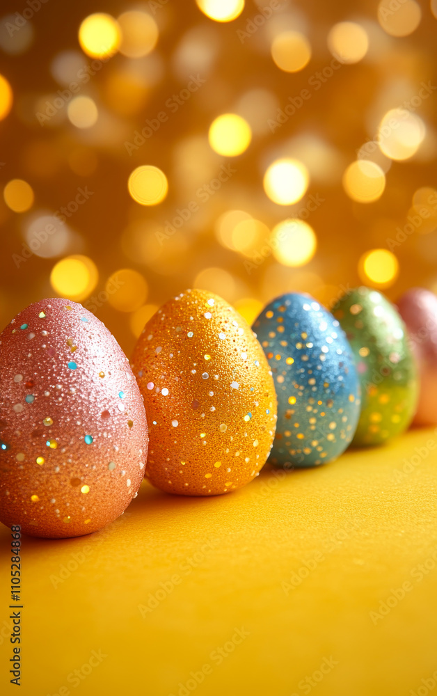 Poster A row of colorful eggs with glitter on them. The eggs are arranged in a line and are of different colors