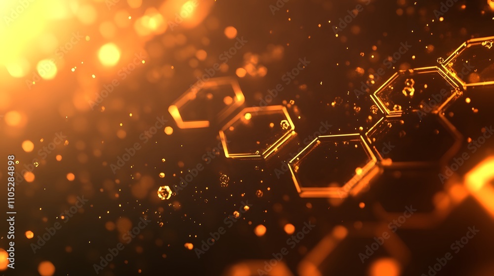Poster abstract orange hexagon network with glowing particles