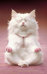 A luxurious white cat is sitting in a meditative yoga pose, exuding elegance and tranquility.  Postcard, poster. Generated by AI.