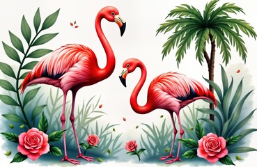 Two vibrant pink flamingos stand in greenery, tropical flowers. Palm trees provide backdrop to exotic scene. Watercolor style artwork beautiful jungle rainforest environment. Perfect for tropical