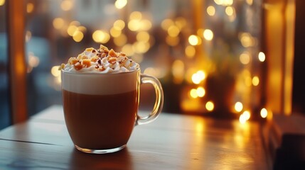 Butterscotch latte with caramelized sugar topping, cozy modern coffee shop background
