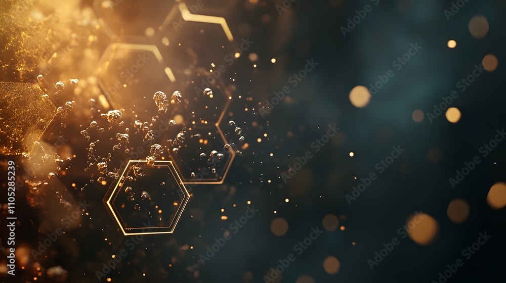 Poster golden particles flowing through hexagonal structure