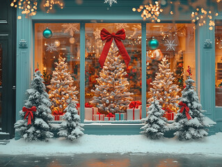 Festive christmas window display featuring ai-generated decorations and snowy outdoor scene shopping district visual art cozy atmosphere