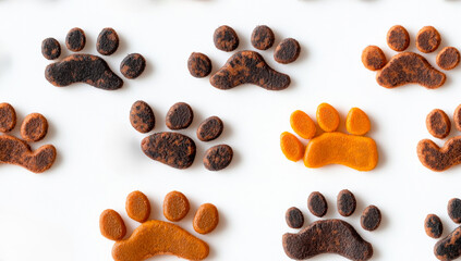 A row of dog paw prints are on a white background. The paw prints are of different colors and sizes, and they are arranged in a line. Concept of playfulness and fun