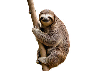 Adorable sloth smiling while gripping a stick  isolated on transparent or white background