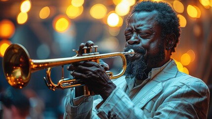 Obraz premium A black man playing a golden trumpet on a jazz bar stage.