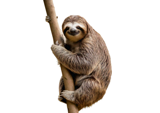 Adorable sloth smiling while gripping a stick  isolated on transparent or white background