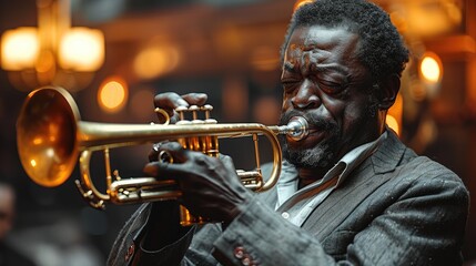 A black man playing a golden trumpet on a jazz bar stage.