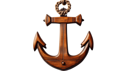Wooden anchor with rope details for a coastal-themed interior. Adds a touch of nautical elegance to any room, isolated on transparent background.