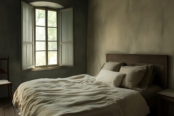 Serene Bedroom with Linen Bedding and Sunlight Streaming In