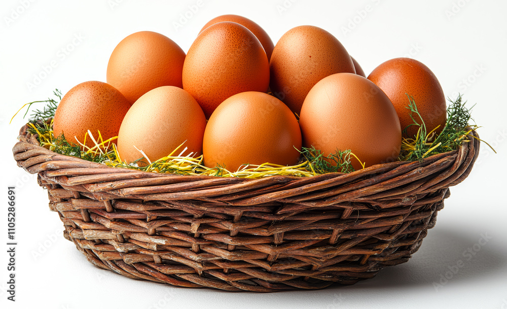 Poster a basket full of eggs is sitting on a white background. the basket is woven and filled with eggs of 