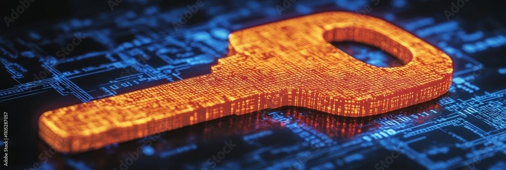 Poster glowing digital key symbolizing secure access, cybersecurity, and data protection in technology