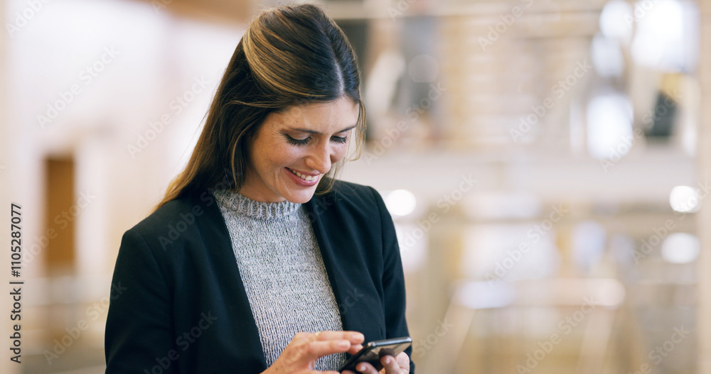 Poster business, woman or smile with smartphone in office for checking notifications, text message or readi