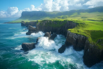 Ocean Fury: Aerial View of Waves Crashing on Rocky Cliffs