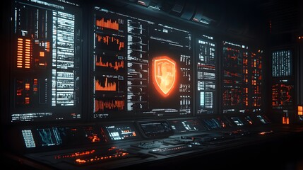 Futuristic control room with glowing security shield on main monitor.