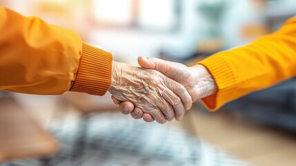 Elderly Hands Shaking in Warm Lighting Expressing Support and Connection. The image conveys a sense of community and mutual respect among individuals.