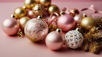A stylish arrangement of gold, white, and pink Christmas baubles on a pink backdrop creates a festive atmosphere. Ideal for holiday greetings and new year celebrations
