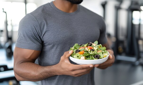 Fitness enthusiast enjoying a healthy salad in a gym environment, Generative AI 