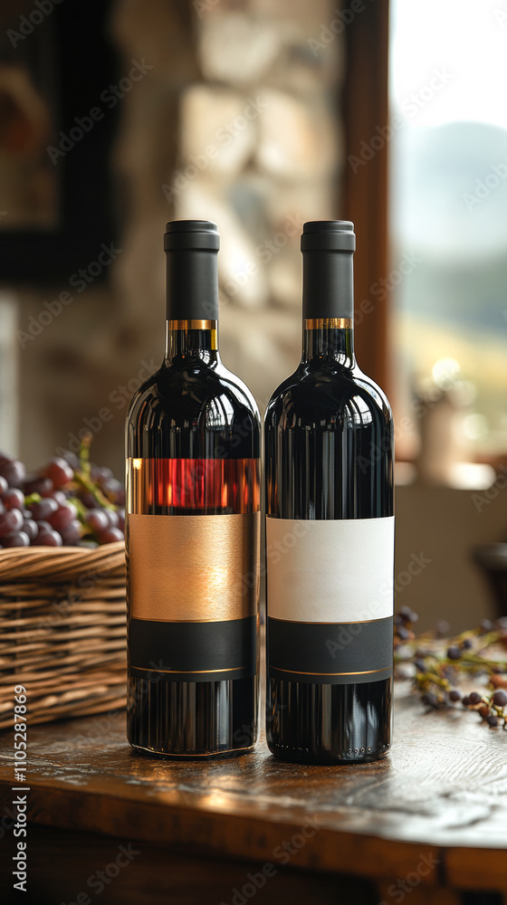 Poster two bottles of wine with gold labels on them. one is red and the other is white. the wine bottles ar