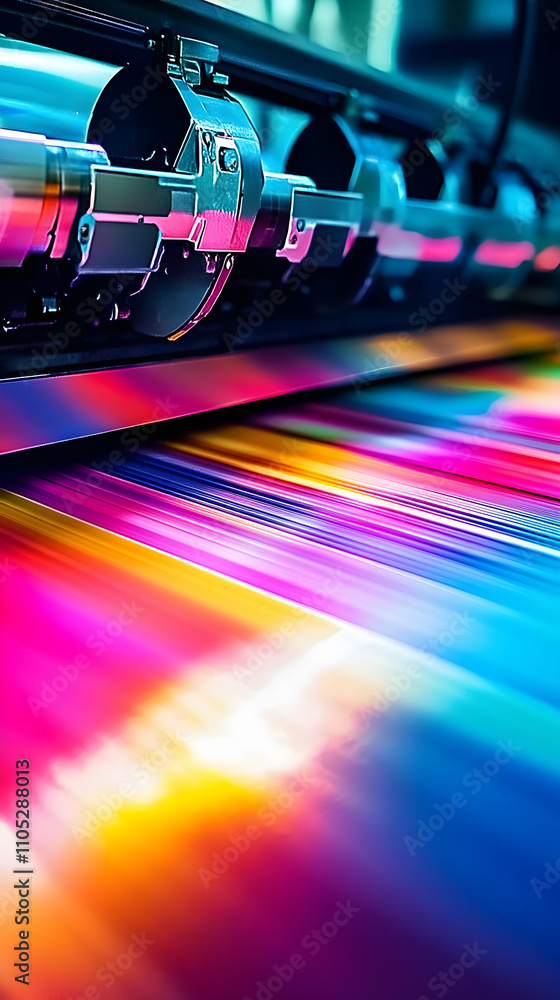 Poster vibrant color printing process: a close-up view of ink application on high-speed machinery