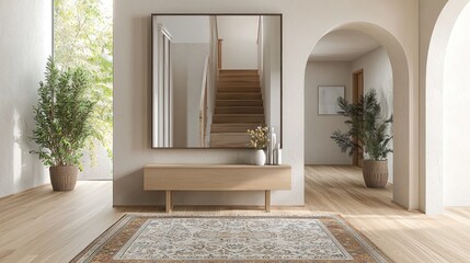 Spacious modern entryway with light wood console, rectangular mirror, and rug.