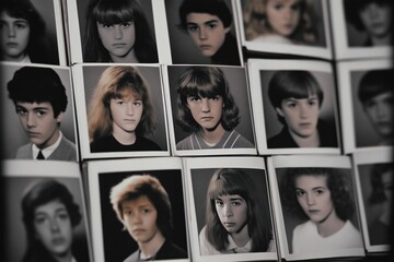 Many teens, children face camera in 1980s yearbook photos. Portrait photos show serious expressions. Black, white images create nostalgic feel. Old school style photos capture moment in time.