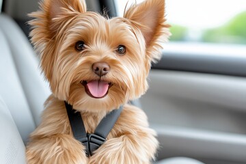 A cheerful woman straps her small dog into a car seat. Generative AI