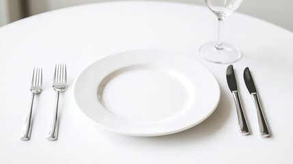 Elegant dining setting with plate and silverware on white table.