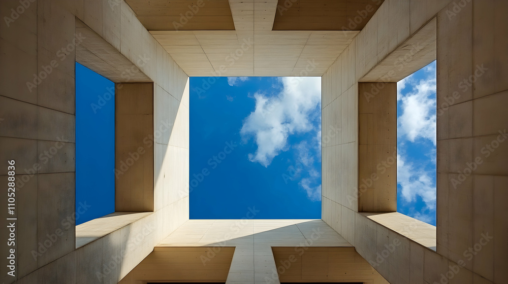 Poster abstract concrete structure reveals a vivid blue sky with puffy clouds through rectangular openings,