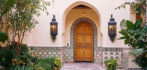 Pastel-colored Moroccan entry with a tiled design and wooden door with lanterns.