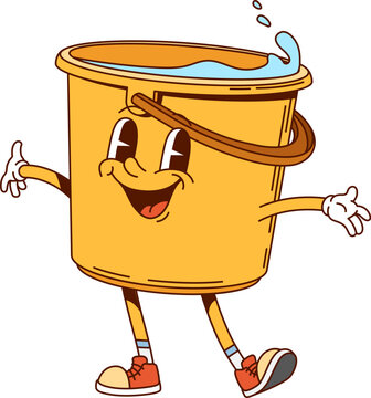 Groovy bucket household character with water and hippie shoes in playful pose. Isolated cartoon vector housekeeping retro personage ready for cleaning and washing chores, embodies y2k funky vibe