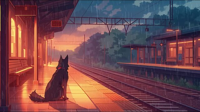 Sad dog sitting alone in deserted train station on rainy day waiting for master