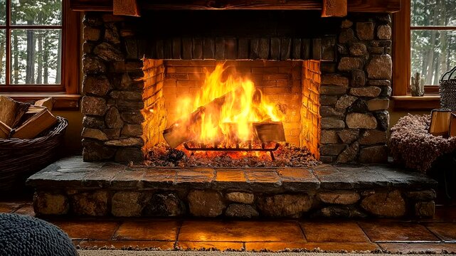 Rustic stone fireplace with glowing fire in cozy wooden cabin. Seamless looping 4k video background