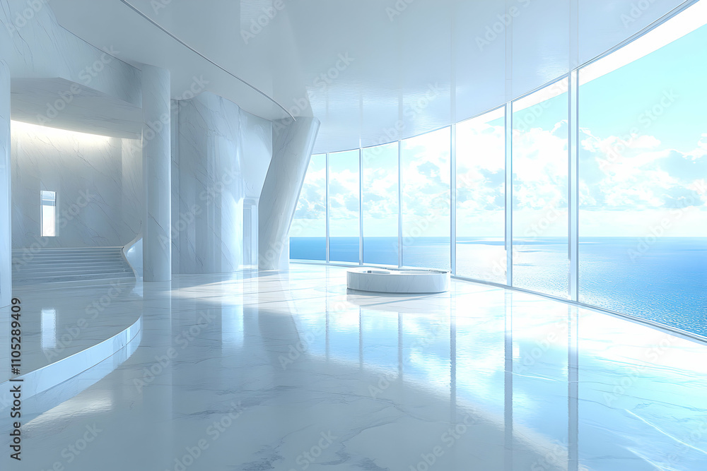 Poster modern marble lobby design with ocean view: 3d render of luxurious architectural space