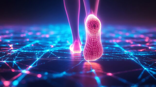 Abstract Futuristic Neon Feet Walking on Glowing Network, taking step to the future concept