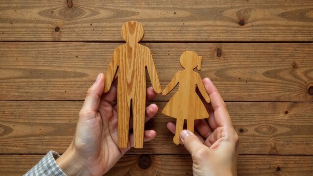 Wooden silhouette of parent and child on wooden background.