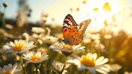 Obraz premium Butterfly on a daisy field at sunset. Concept of beauty, nature, and freedom.