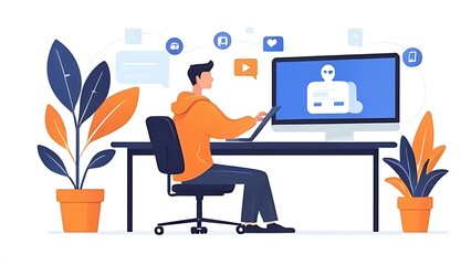 Fototapeta premium Flat illustration man is sitting at his desk in front of the computer, creating an online profile with vector illustrations on a white background business social media banner digital marketing logog, 