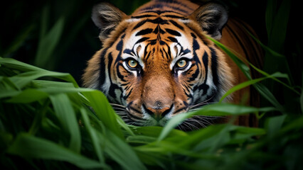 Fototapeta premium Tiger in the jungle. Wildlife, predator, nature, and conservation concept.