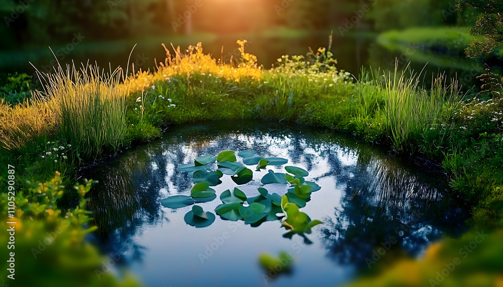 Poster abstract icon representing the ecological call to recycle and reuse in the form of a pond