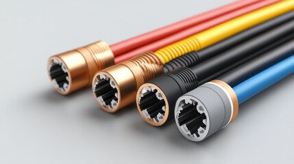 Colorful electrical cables with copper wiring ending on isolated grey background. 