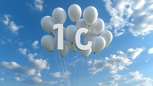 3D Render of White Balloons Ascending in a Blue Sky, Displaying '1C' for Celebration