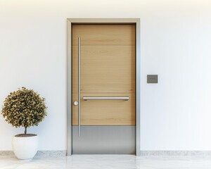 Minimalist front door in light wood with stainless steel and a decorative plant.