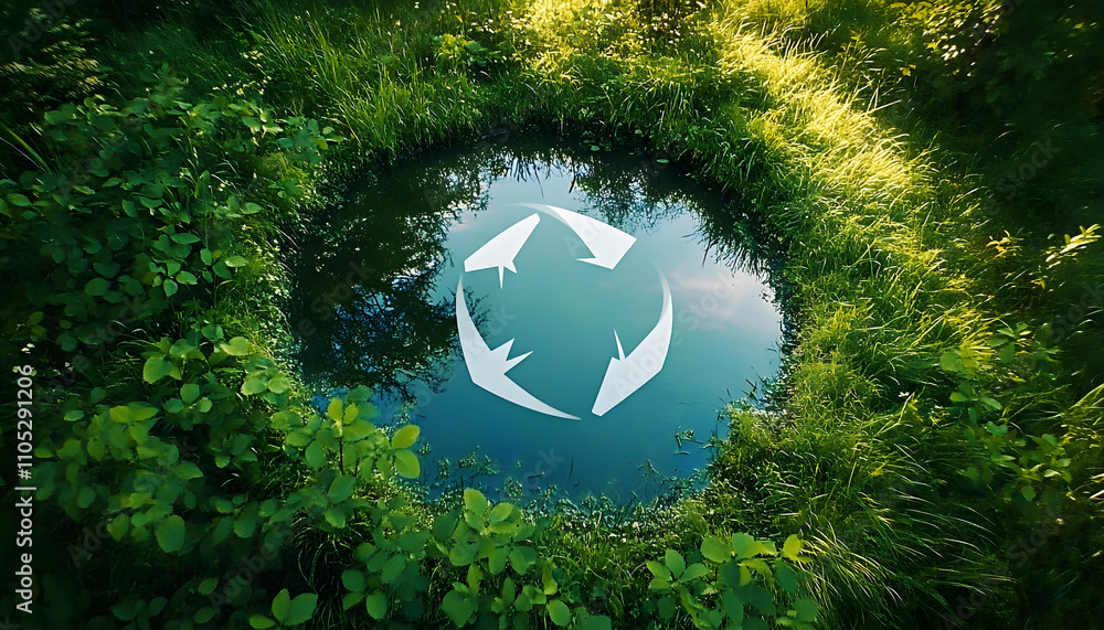 Poster abstract icon representing the ecological call to recycle and reuse in the form of a pond